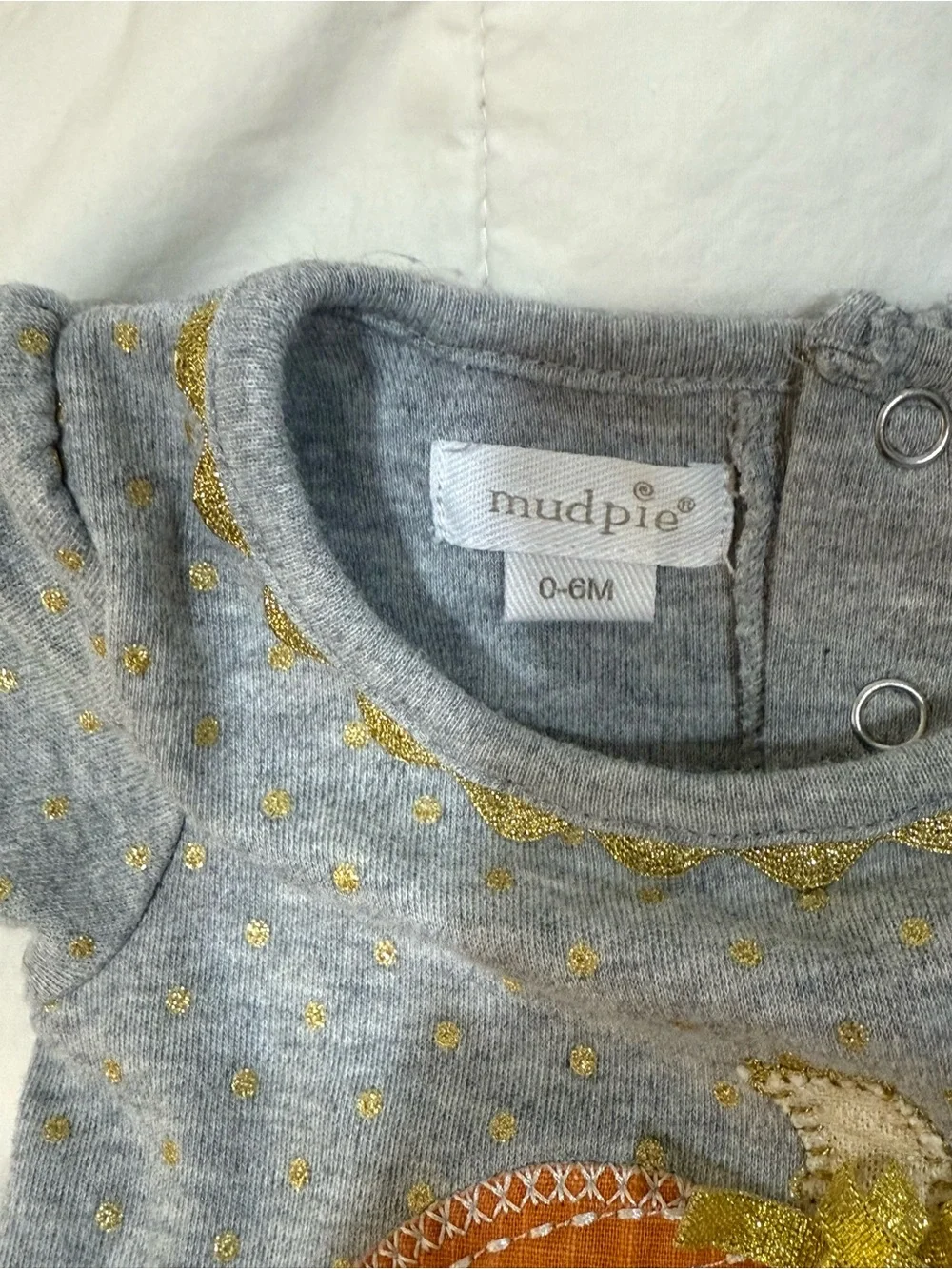 Mud Pie Gray Romper with Gold Dot and Pumpkin Applique